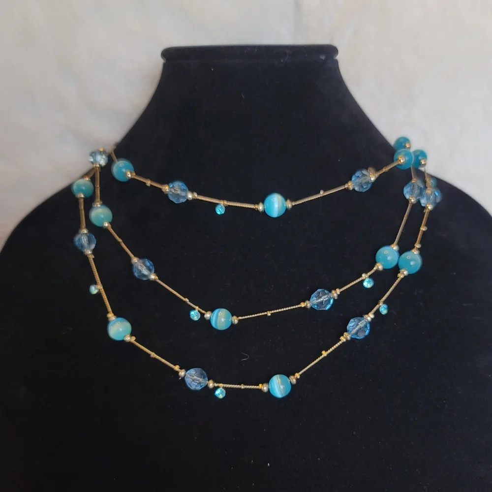 Long Blue Catseye Illusion Necklace - Vintage, Estate, 60", Versatile Styling - Picture 9 of 11